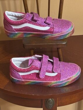 Vans Kids Pink Glitter Velcro Sneakers with Rainbow Sole